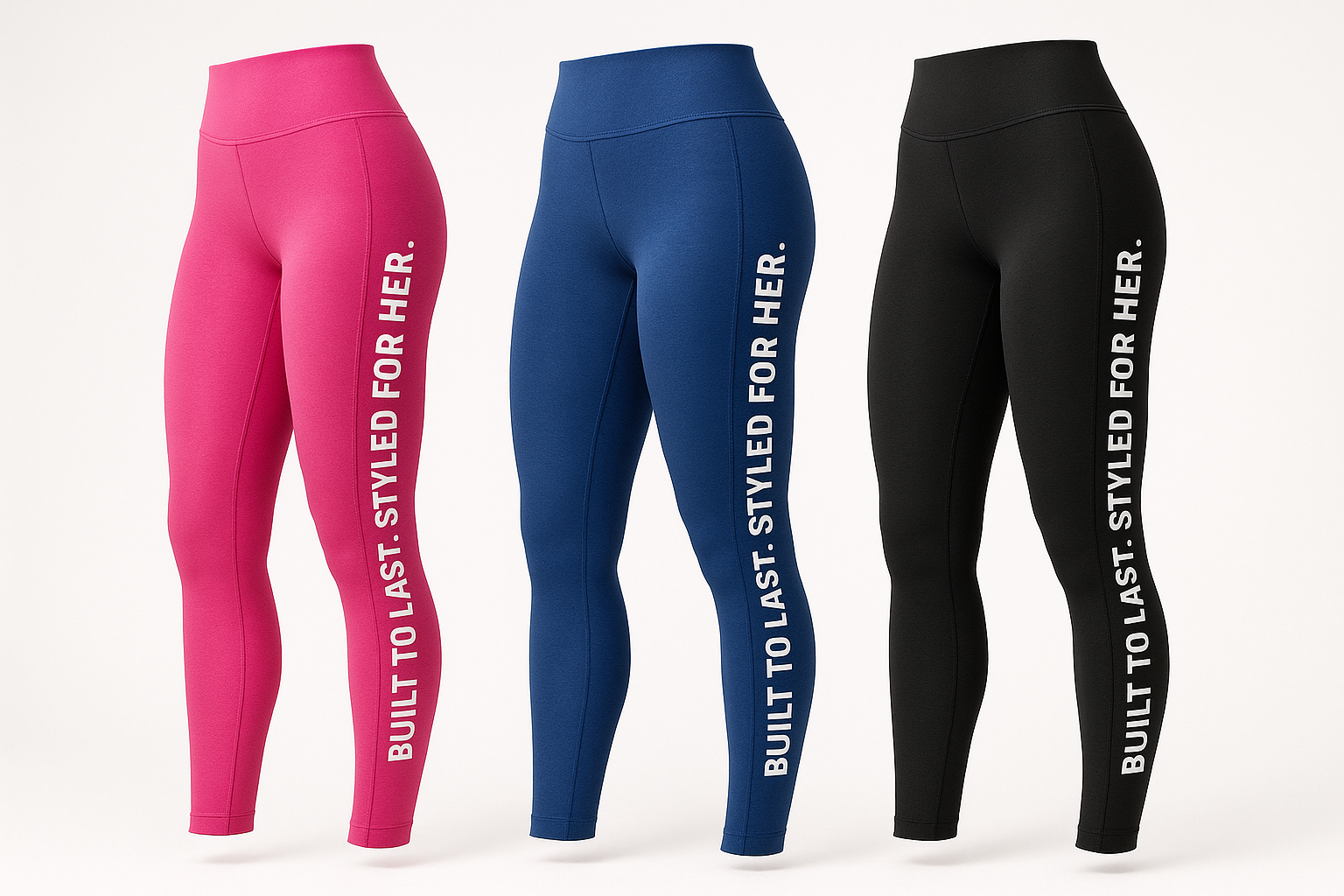 Three premium athletic leggings in pink, blue, and black with "Built to Last. Styled for Her." side branding